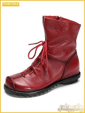 Women's Leather Casual Soft Flat Ankle Boots Round Toe Zip